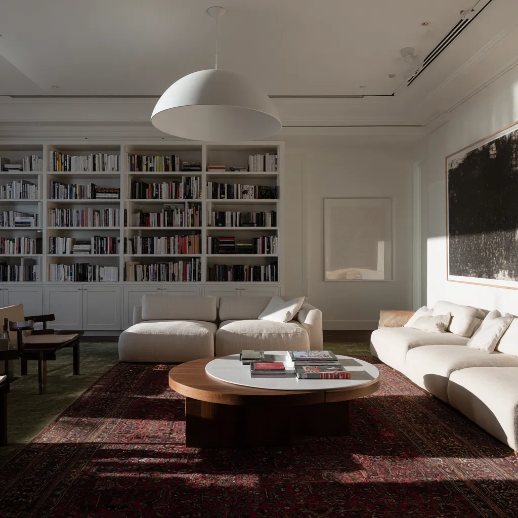 AI-generated modern living room library visual created by Officine AI