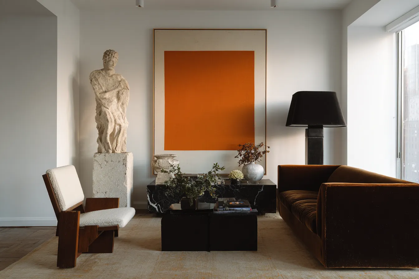 AI-generated modern living room orange art sculpture visual created by Officine AI